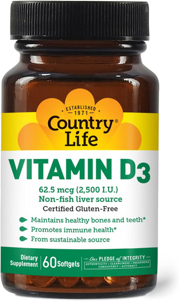 Country Life Vitamin D3, Non-Fish 2500 Iu, 60 Softgels, Certified Gluten Free