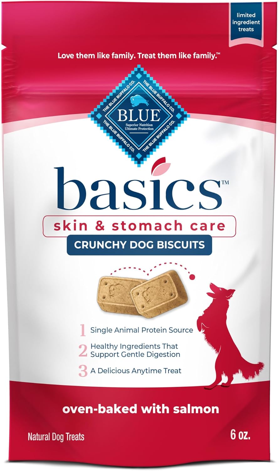 Blue Buffalo Basics Crunchy Dog Biscuits for Skin & Stomach Care, Limited Ingredient Diet Dog Treats, Salmon & Potato Recipe, 6-oz. Bag