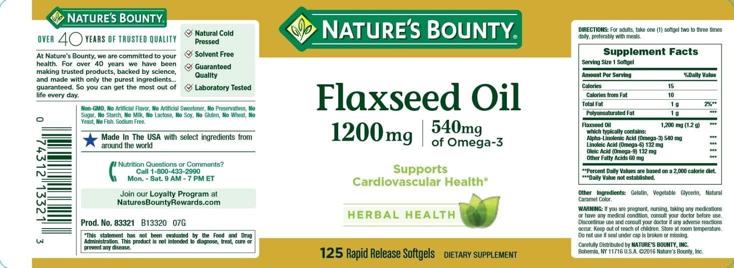 Nature's Bounty Flaxseed Oil 1200 mg, 125 Rapid Release Softgels, White, 125 Count Pack of 2 : Health & Household