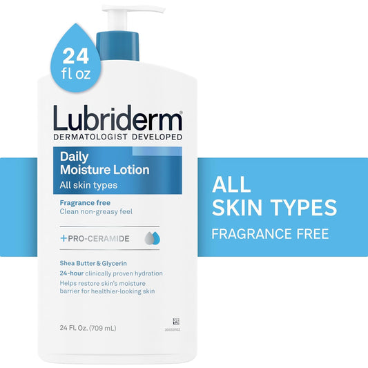 Lubriderm Fragrance Free Daily Moisture Lotion + Pro-Ceramide, Shea Butter & Glycerin, Face, Hand & Body Lotion for Sensitive Skin, Hydrating Lotion for Healthier-Looking Skin, 24 fl. oz