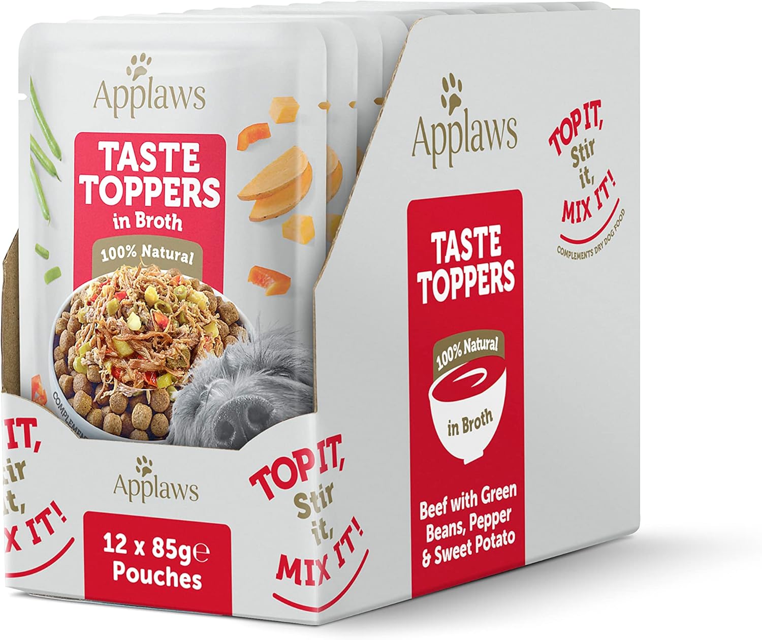Applaws 100% Natural Wet Dog Food Topper, Grain Free Beef with Vegetables in Broth 85g Pouch (12 x 85g Pouches)?TT9020CE-A