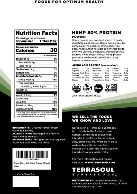 Terrasoul Superfoods Organic Hemp Protein Powder (50% Protein), 2 Pounds