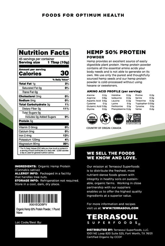 Terrasoul Superfoods Organic Hemp Protein Powder (50% Protein), 1 Pound