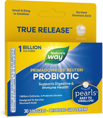 Nature'S Way Primadophilus Reuteri Probiotic Pearls For Men And Women, Digestive And Immune Health*, 1 Billion Culture, 4 Probiotic Strains, Survives Stomach Acid, 30 Softgels (Packaging May Vary)