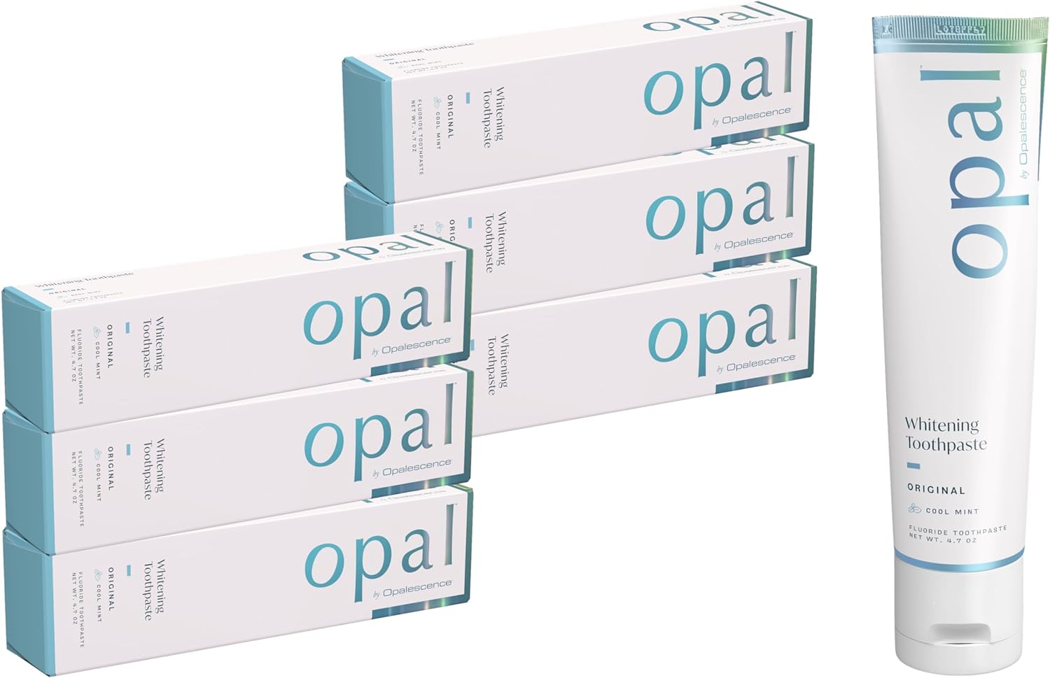 Opal by Opalescence Teeth Whitening Toothpaste (Pack of 6) - Cool Mint Original Formula - Oral Care, Gluten-Free - 4.7 Ounce Made by Ultradent.- OPAL-TP-5760-6