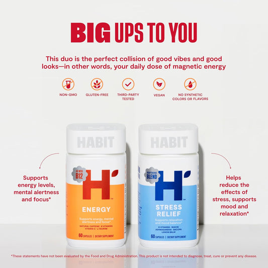 Habit Huge Mood Bundle - Energy (60 Capsules) + Stress Relief (60 Capsules) Supplements. Supports Alertness And Focus, Supports Relaxation & Mood Balance, Vegan, Non-Gmo