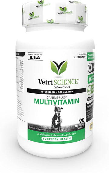 VETRISCIENCE Canine Plus MultiVitamin for Dogs - Vet Recommended Vitamin Supplement - Supports Mood, Skin, Coat, Liver Function, 90 Tablets