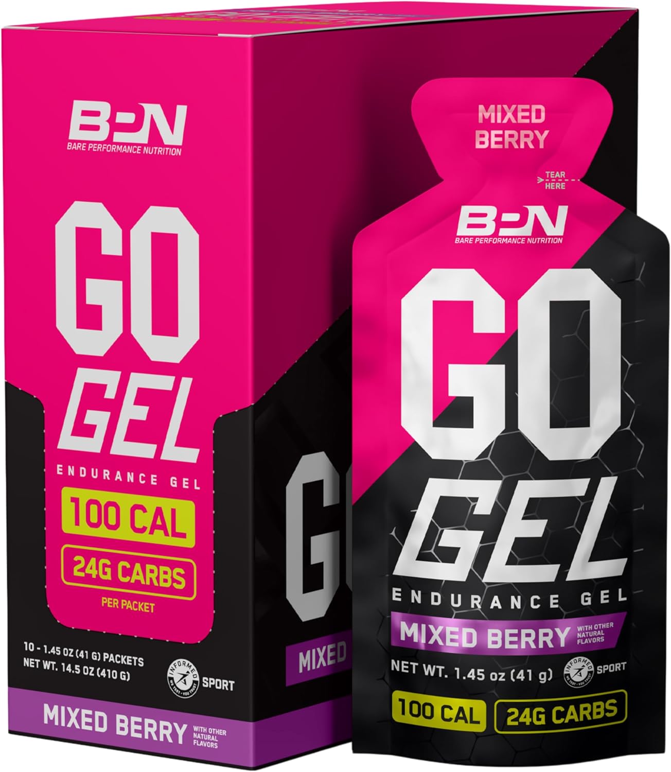 Bare Performance Nutrition, Bpn Go Gel Endurance Gel, Vegan + Gluten Free Running Gel With 24G Of Carbohydrates & 100 Calories Per Gel Pack, 10 Single-Serving Gel Packs, Mixed Berry