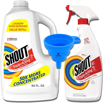 Shout Stain Remover Refill, Triple-Acting Spot Treatment 60 Ounce and Spray 22 Ounce Bundle with Collapsible Easy Pour Funnel