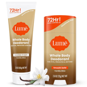 Lume Whole Body Deodorant - Invisible Cream Tube And Solid Stick - 72 Hour Odor Control - Aluminum Free, Baking Soda Free, Skin Loving - 3.0 Ounce Tube And 2.6 Ounce Solid Stick Bundle (Vanilla Bliss)