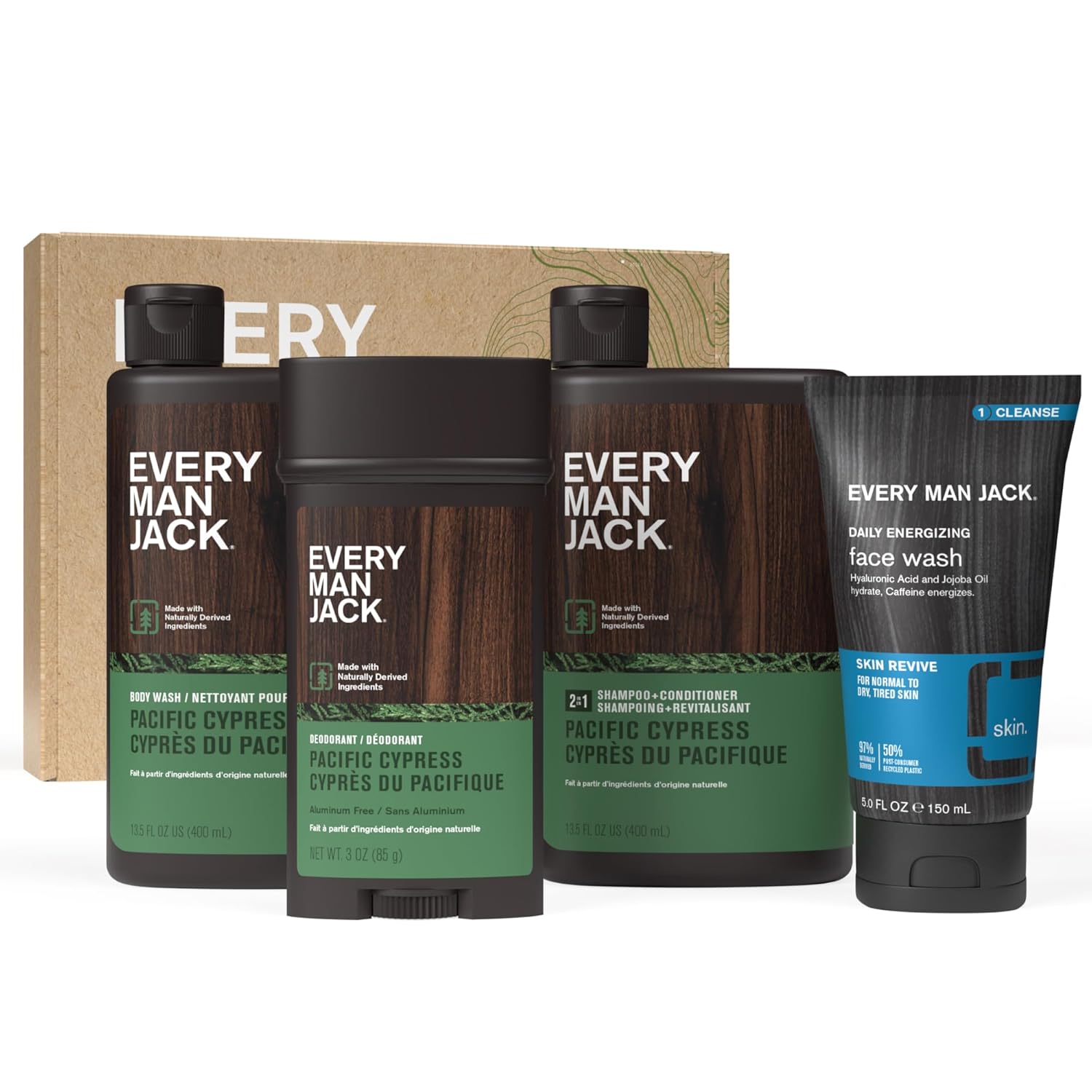 Every Man Jack Men’S Pacific Cypress Bath And Body Gift Set - Clean Ingredients & Conifer Branches, Sea Salt, And Citrus Scent - Body Wash, 2-In-1 Shampoo, Deodorant & Face Wash