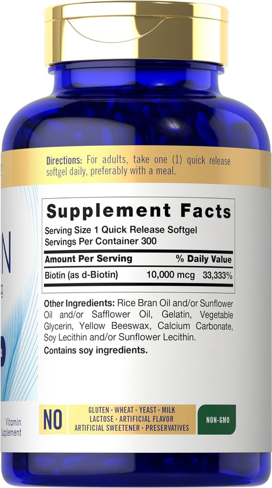 Carlyle Biotin 10000mcg | 300 Softgels | Max Strength | Non-GMO, Gluten Free Supplement