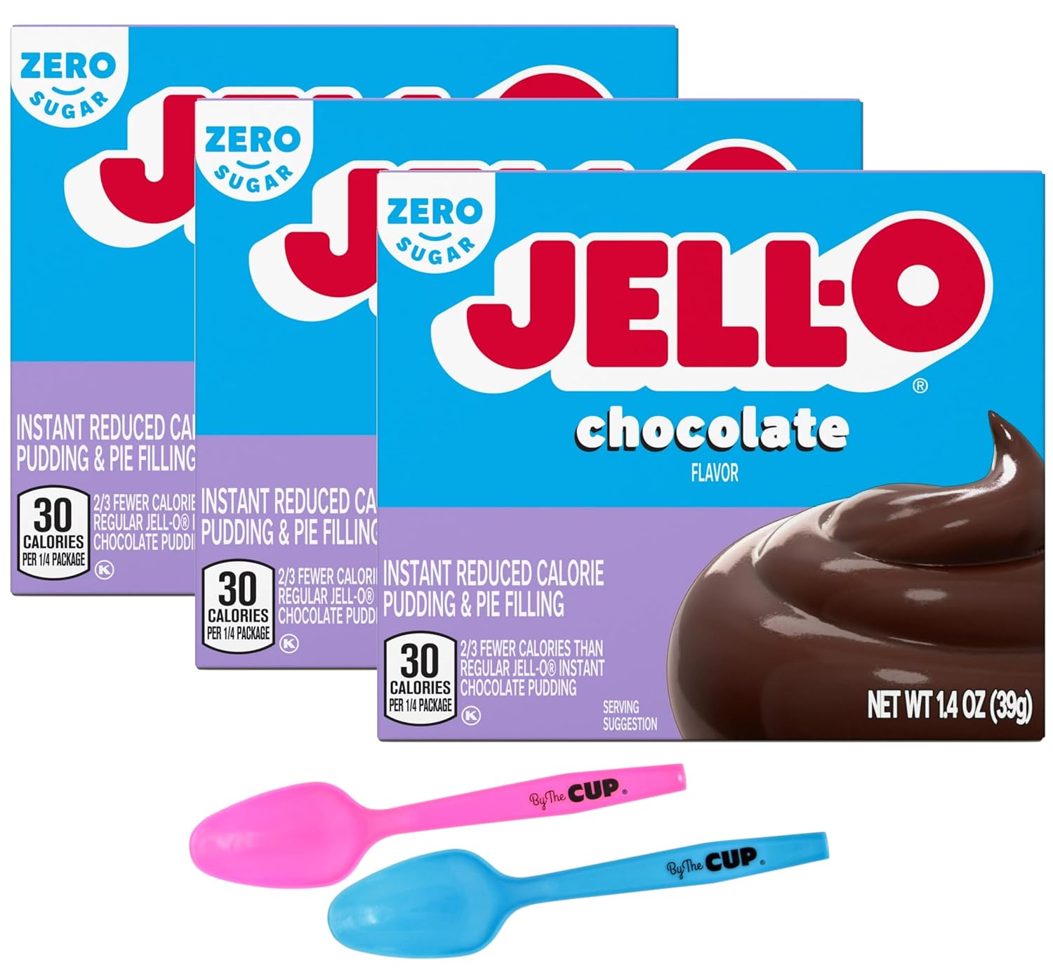 Jell-O Zero Sugar Chocolate Instant Pudding & Pie Filling Mix 1.4 Oz Box (Pack Of 3) With By The Cup Mood Spoons