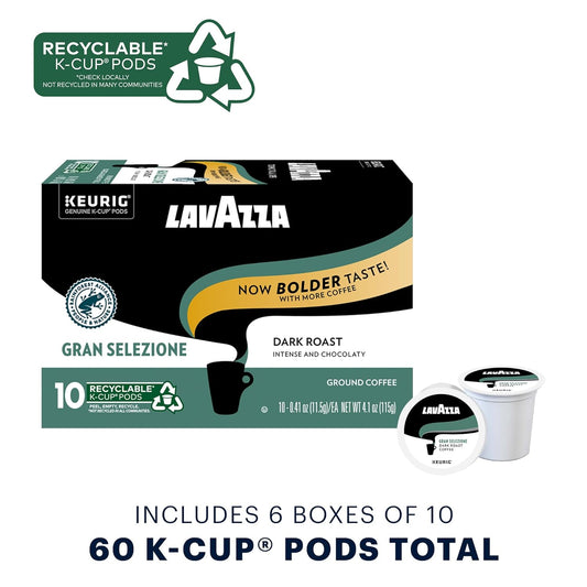 Lavazza Gran Selezione Single-Serve Coffee K-Cup® Pods For Keurig® Brewer, Dark Roast, 10 Count Box, (Pack Of 6) 100% Arabica, Rainforest Alliance Certified 100% Sustainably Grown, Value Pack