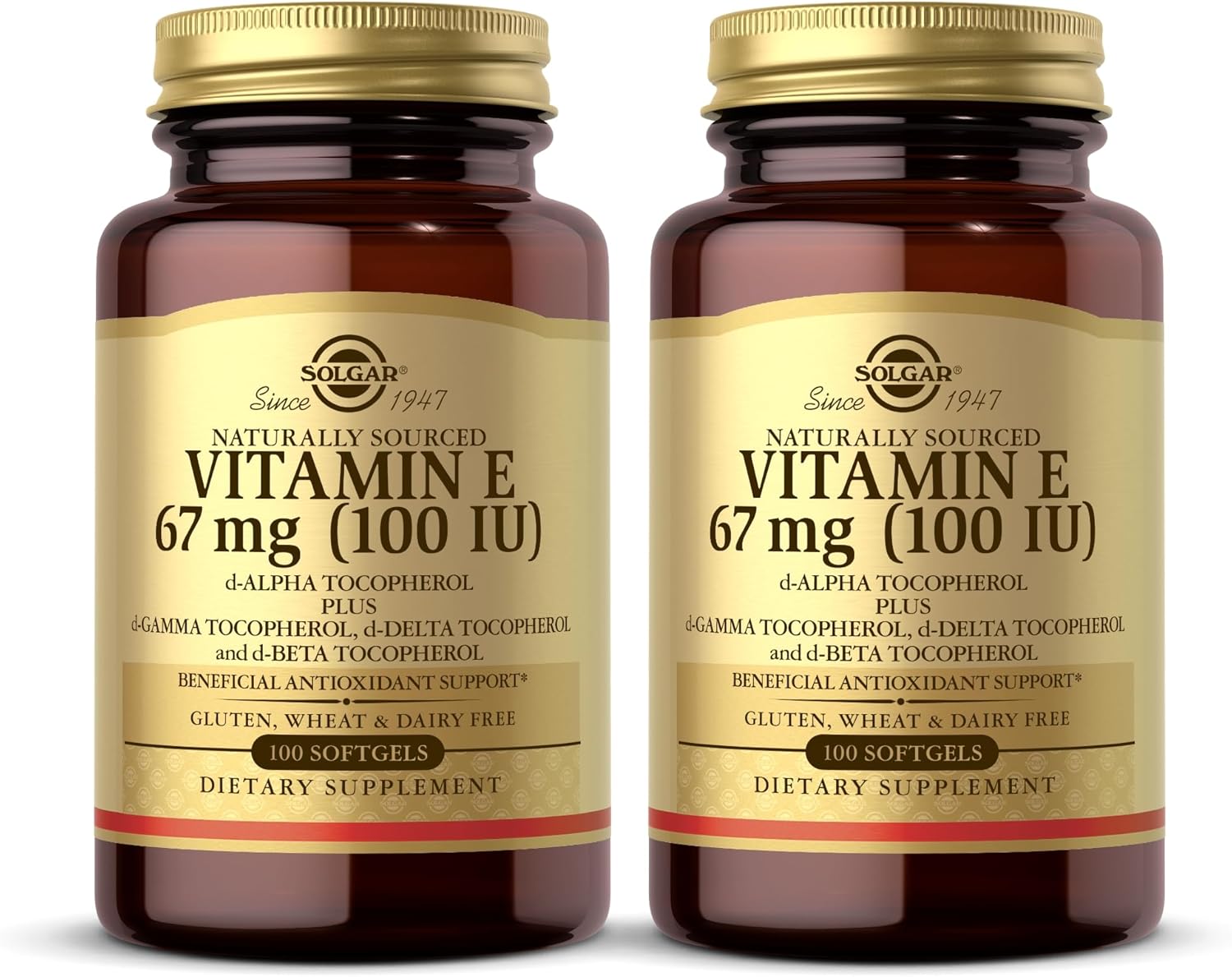 Solgar Vitamin E 67 Mg (100 Iu) - 100 Softgels, Pack Of 2 - Antioxidant Support - Gluten & Dairy Free - 200 Total Servings