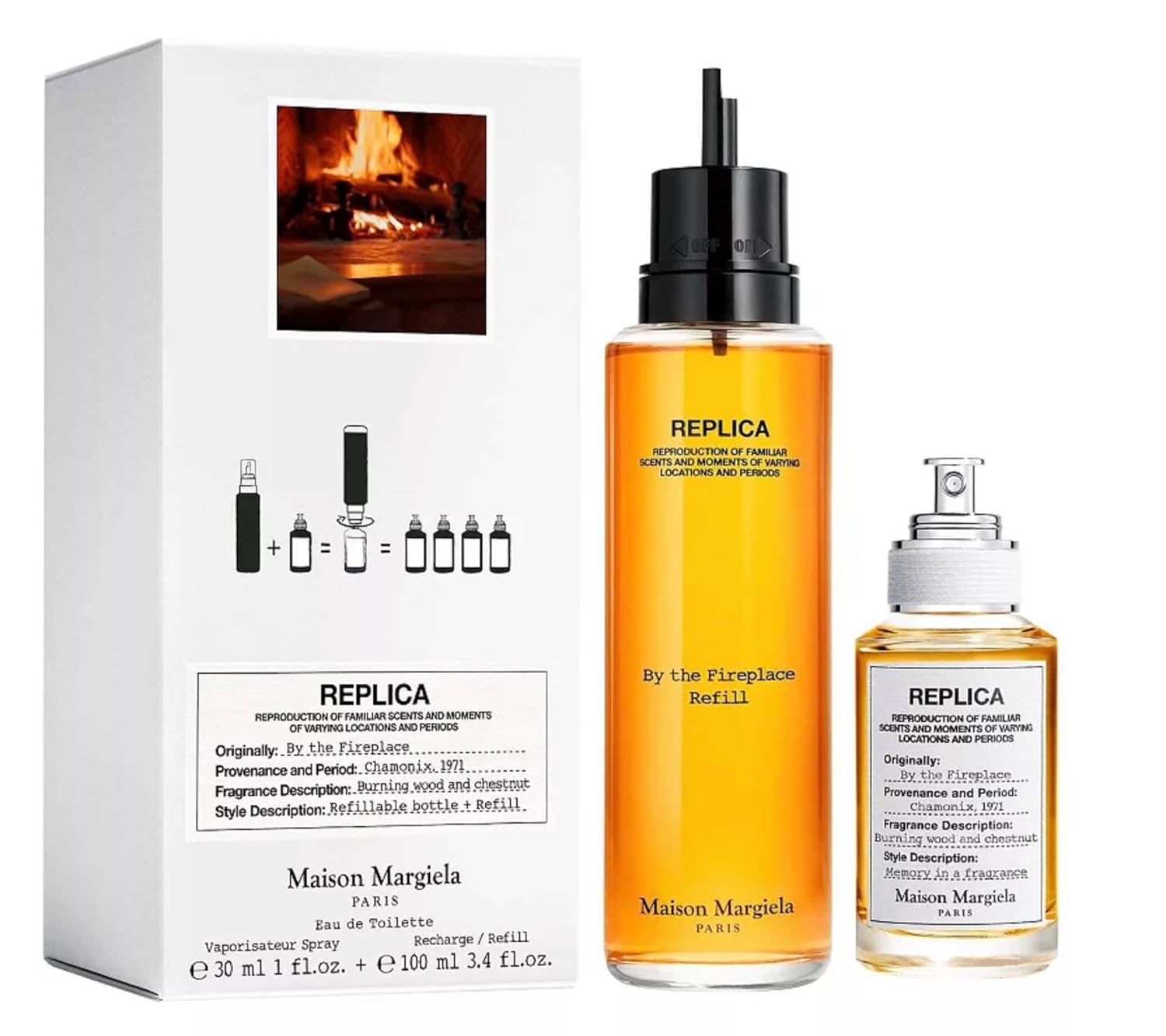 Replica By The Fireplace 2-Piece Set For Unisex, (3.4 Oz Eau De Toilette Spray Refillable + 1.0 Oz Eau De Toilette Spray)
