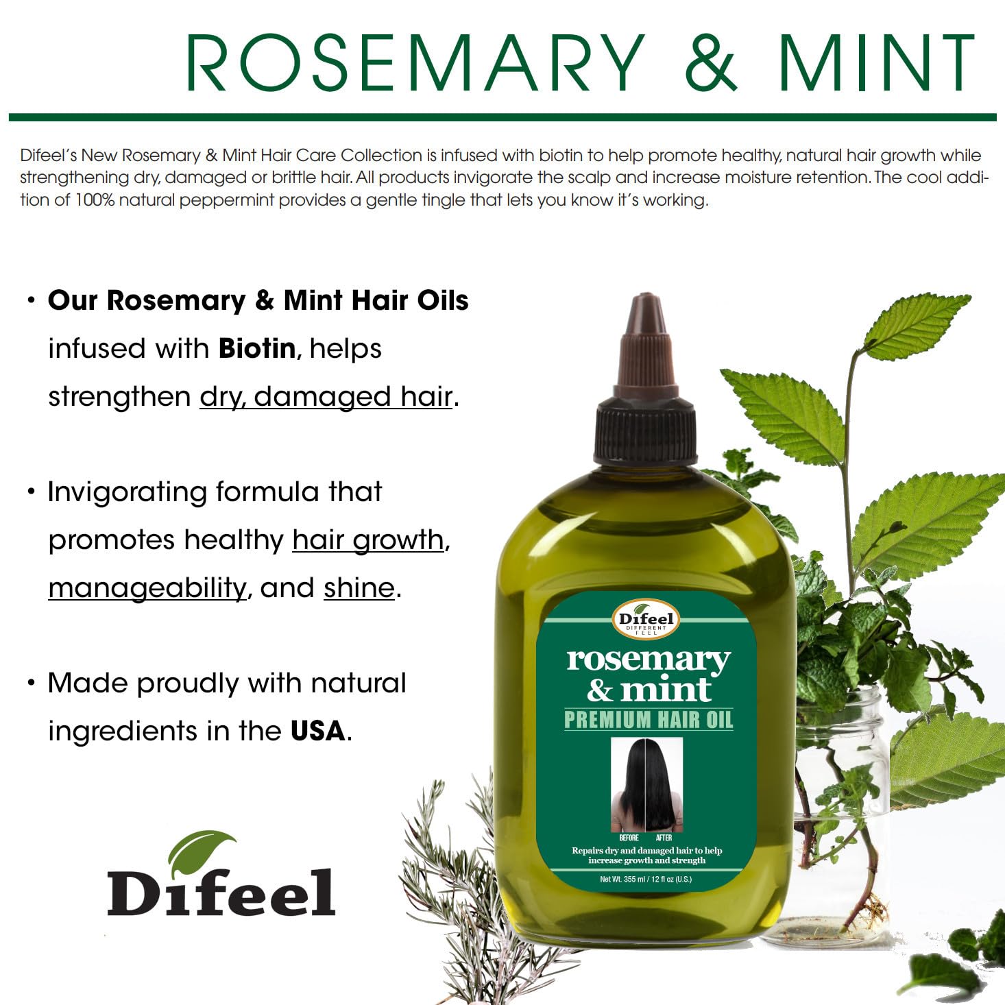 Difeel Rosemary and Mint Premium Hair Oil with Biotin - LARGE 12 oz. - Natural Rosemary Oil for Hair Growth & Biotin : Beauty & Personal Care