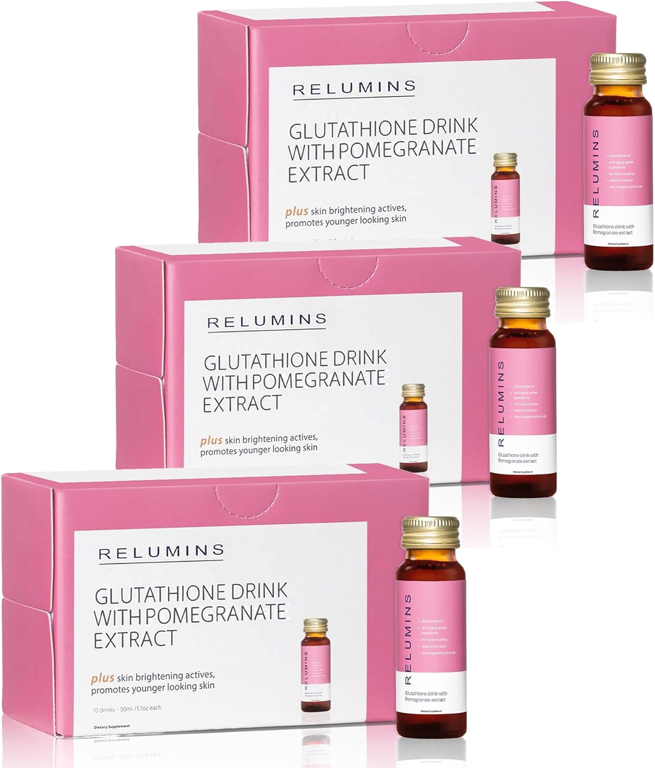 Relumins Glutathione Drink - Helps Promote Brighter, Boosts Skin Collagen Content, Increases Moisture For A Younger Looking Skin - Pomegranate Flavor, 50Ml X 20 Gluta Shot Bottles