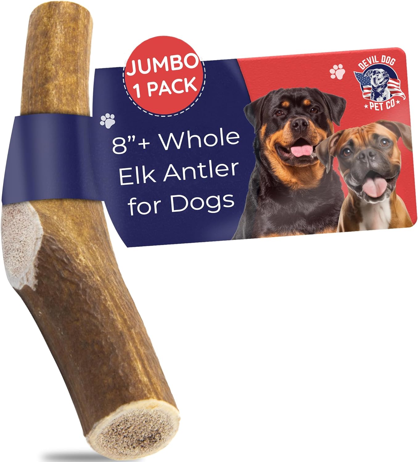 Devil Dog Pet Co. Elk Antlers for Dogs, 1 Pack, Jumbo 8”+ – Grade A Long Lasting Dog Bones for Aggressive Chewers, Premium USA Naturally Shed Antler Dog Chew – Healthy, No Odor, Dog Antler Chews