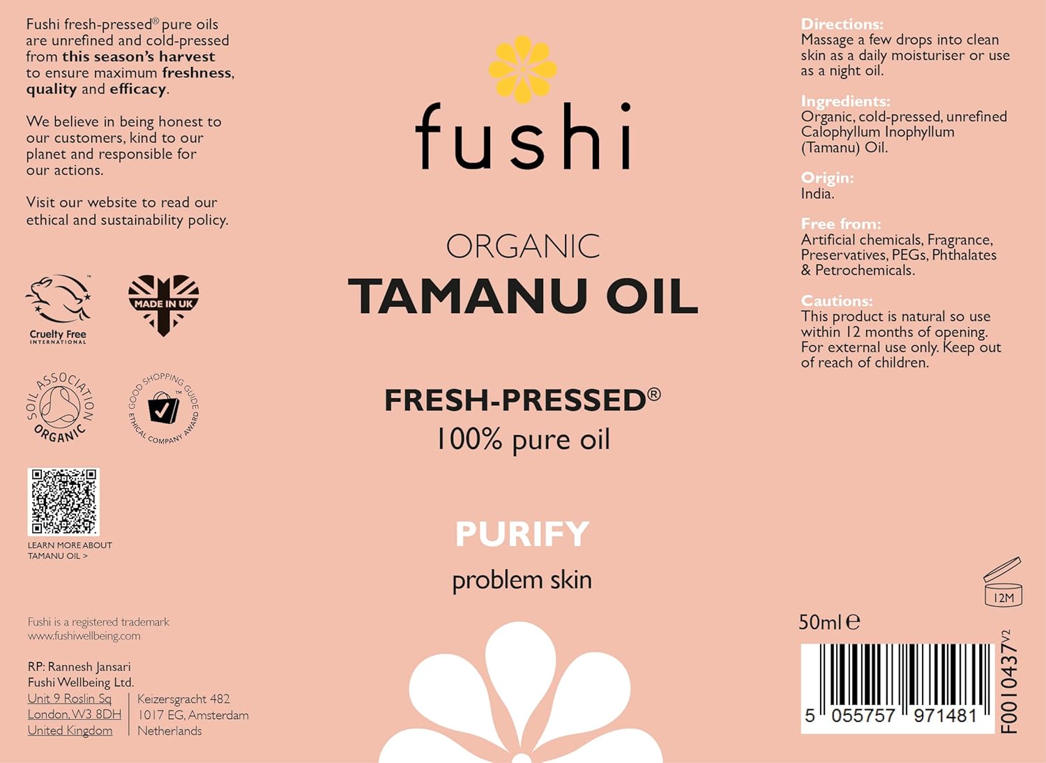 Fushi Wellbeing Organic Tamanu Oil Fresh-Pressed, Antioxidant & Vitamin E, Best for Scars, Blemishes, Damaged Hair, Manufactured in the UK, 50 ml : Amazon.co.uk: Beauty