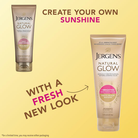 Jergens Natural Glow Self Tanner Body Lotion, Sunless Tanning, Fair To Medium Skin Tone, Daily Moisturizer With Coconut Oil, Vitamin E And Antioxidants, 7.5 Oz