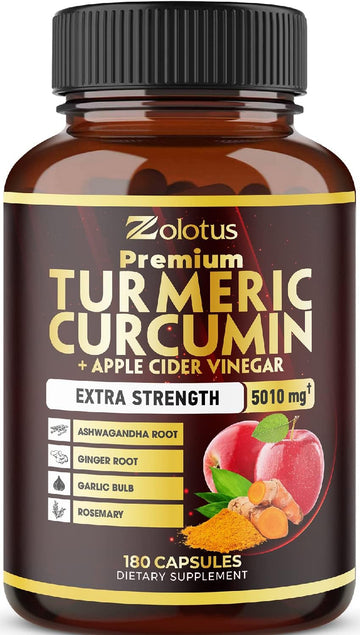 7 In 1 Premium Turmeric Curcumin + Apple Cinder Vinegar Capsules, Equivalent To 5010Mg, 6 Month Supply With Ashwagandha, Ginger, Garlic Bulb, 95% Standardized Curcuminoids, Joint & Absorption Support