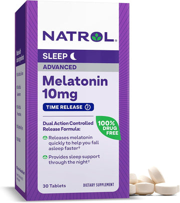 Natrol Melatonin Advanced Sleep Tablets With Vitamin B6, Helps You Fall Asleep Faster, Stay Asleep Longer, 2-Layer Controlled Release, 100% Drug-Free, Maximum Strength, 10Mg, 30 Count