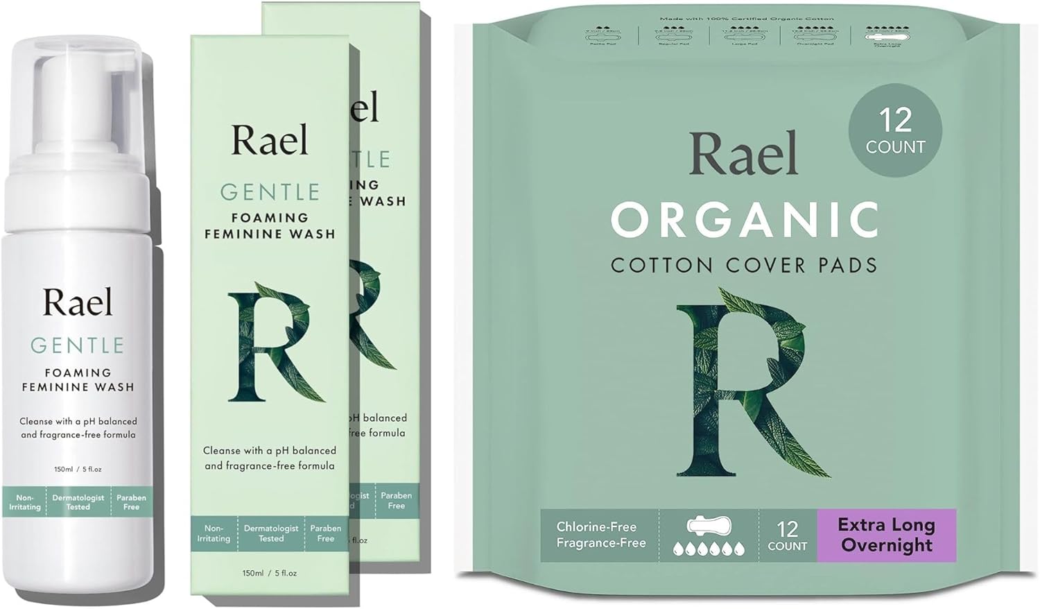 Rael Bundle - Foaming Feminine Cleansing Wash (2 Pack) & Extra Long Overnight Pad (12 Count)