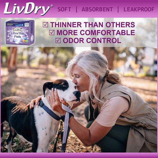 Livdry Incontinence Ultra Thin Pads For Women | Leak Protection And Odor Control | Extra Absorbent (Ultimate 10-Count)