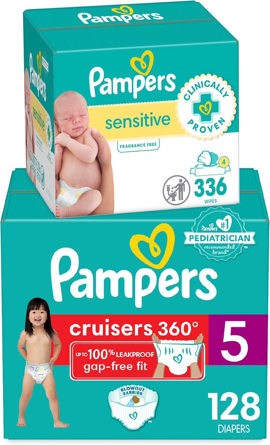 Diapers Size 5, 128 Count And Baby Wipes - Pampers Pull On Cruisers 360° Fit Baby Diapers With Stretchy Waistband, One Month Supply With Sensitive Wipes, 6X Pop-Tops, 336 Count (Packaging May Vary)