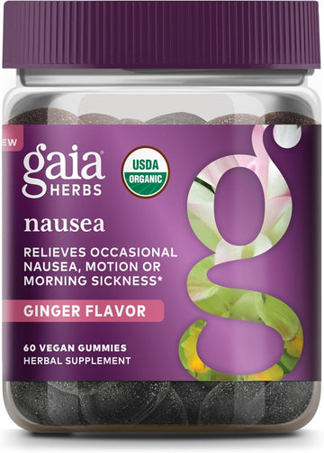 Gaia Herbs Nausea Organic Gummy - Relieves Occasional Nausea - With Ginger And Lemon - 60 Vegan Gummies (30-Day Supply)