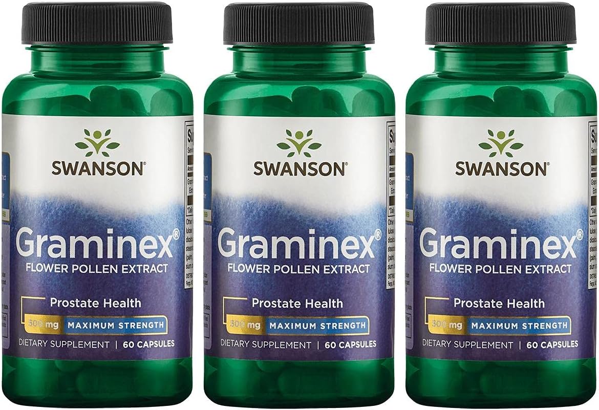 Swanson Maximum Strength Graminex ower Pollen Extract - Supports Prostate Health, Urinary Tract Function, and Kidney Health - Mens Health Supplement - (60 Capsules, 500mg Each) (3 Pack)