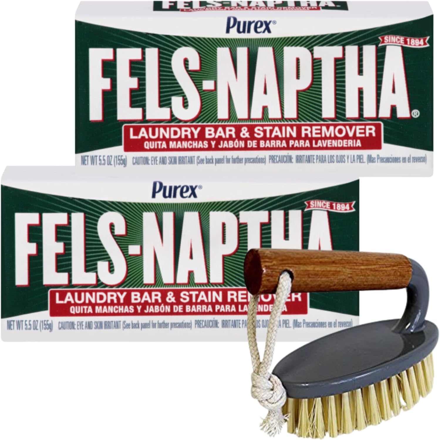 Fels-Naptha Laundry Detergent Bar Soap and Stain Remover Bundle - Includes 2 (5-ounce) Fels Naptha Laundry Bar, Eco Bamboo Laundry Scrub Brush, DIY Laundry Detergent Recipe by FOXTAIL COLLECTIVE