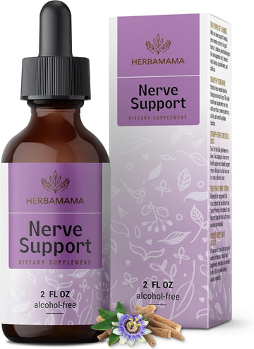 Herbamama Nerve Support Supplement - Vegan Brain Health Support Liquid Supplement - Five-Herb Calming Supplements For Adults - Sugar & Alcohol-Free, 2 Fl Oz