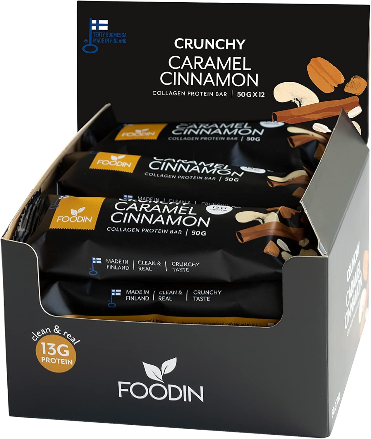 Foodin Cinnamon Caramel Collagen Bar 50G X 12 - High Protein, Collagen-Infused, Gluten-Free, Paleo-Friendly Snack Bar