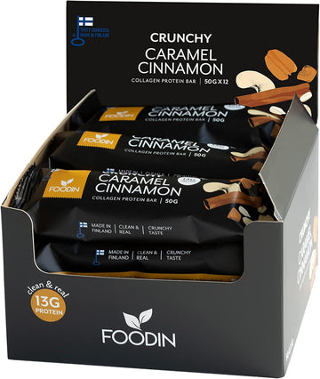 Foodin Cinnamon Caramel Collagen Bar 50G X 12 - High Protein, Collagen-Infused, Gluten-Free, Paleo-Friendly Snack Bar