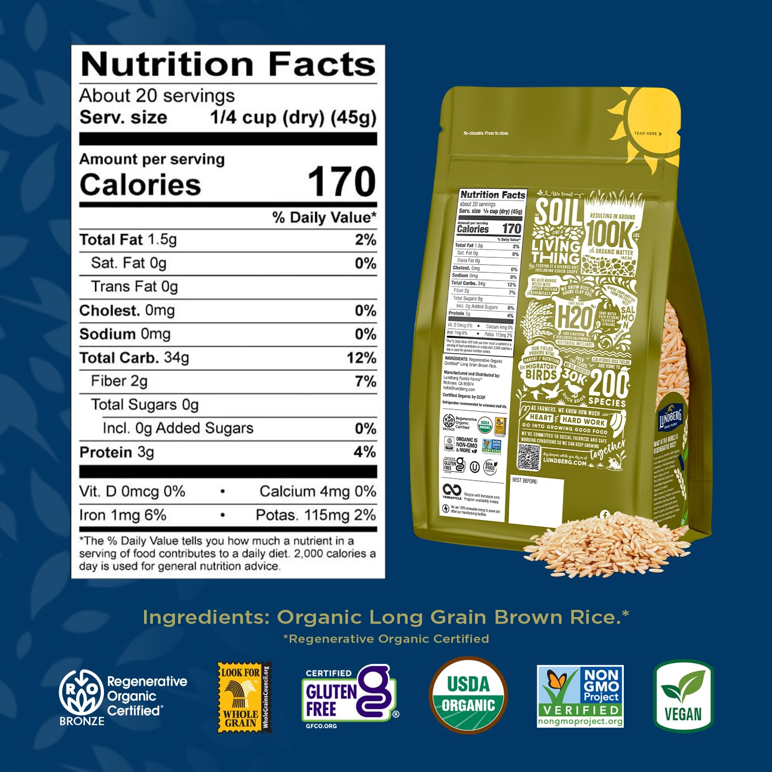 Lundberg Brown Rice, Regenerative Organic Certified, 2-Pack – Non-Sticky, Aromatic Long Grain Rice, Responsibly Grown In California, 32 Oz Ea
