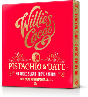 Willie'S Cacao - No Added Sugar Chocolate Bar - 100% Cacao With Pistachio & Date - 50G X 12-100% Cacao Naturally Sweetened With Fruit And Nuts - Vegan Chocolate - Artisan Chocolate