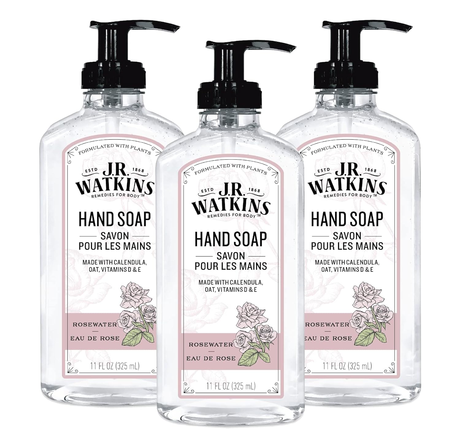 J.R. Watkins Gel Hand Soap With Dispenser, Moisturizing Hand Wash, All Natural, Alcohol-Free, Cruelty-Free, Usa Made, Rosewater, 11 Fl Oz (Pack Of 3)