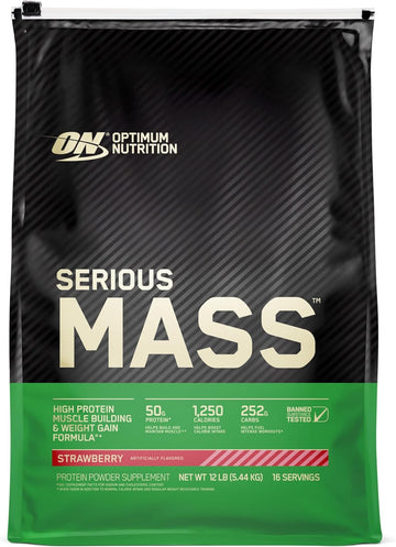 Optimum Nutrition Serious Mass, Weight Gainer Protein Powder, Mass Gainer, Vitamin C and Zinc for Immune Support, Creatine, Strawberry, 12 Pound (Packaging May Vary)