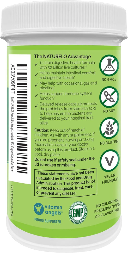 Naturelo Probiotics For Digestive Health - 50 Billion Cfu, 11 Strains Daily Supplement - Boosts Immune System, Delayed Release, 60 Vegetarian Capsules