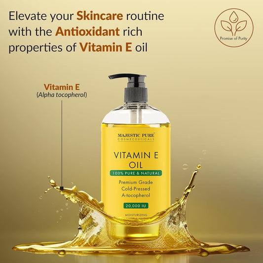 Majestic Pure Vitamin E Oil - 100% Pure & Natural, 20,000 Iu | Premium Grade, Cold-Pressed And Tocopherol To Repair Dry, Damaged Skin| Moisturizing Skin, Hair And Scalp 8 Fl Oz