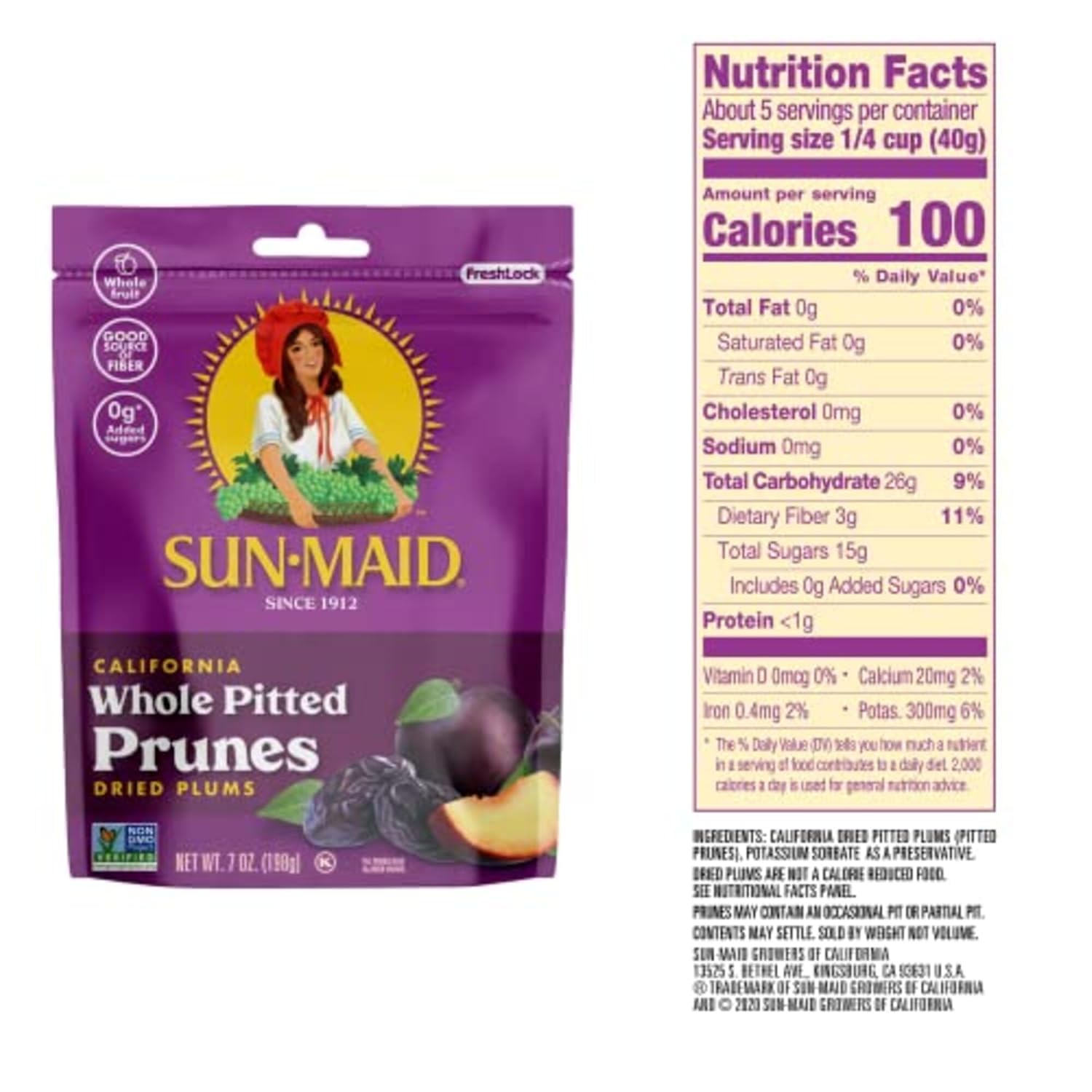 Sun-Maid California Sun-Dried Whole Pitted Prunes - (12 Pack) 7 Oz Resealable Bag - Dried Plums - Dried Fruit Snack For Lunches, Snacks, And Natural Sweeteners