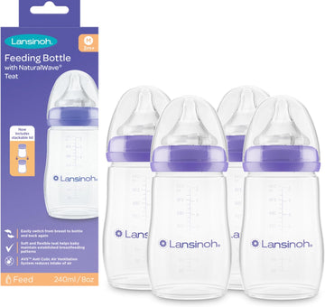 Lansinoh Anti Colic Baby Bottle - 240ml - NaturalWave® Medium Flow Teats Reduces Nipple Confusion + New Stackable Lid Breast Milk Storage Bottles Breastfeeding Bottle Feeding - Baby Bottles 4-Pack