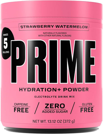 Prime Hydration+ Powder Strawberry Watermelon, Caffeine-Free, Electrolyte Powder On The Go, 250Mg Bcaas, B Vitamins, Low Sugar, Vegan, 5 Gallon Tub