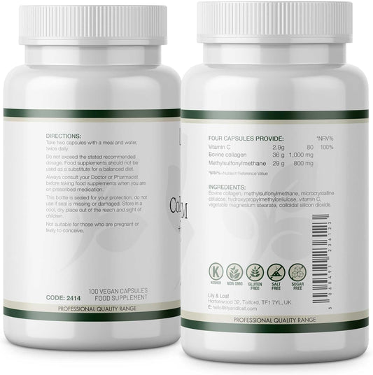 Lily & Loaf Collagen + Msm + Vitamin C – Skin, Joint & Connective Tissue Support | 100 Capsules | 25-Day Supply | Anti-Ageing, Hydrating, Firming | Bovine Collagen Supplement