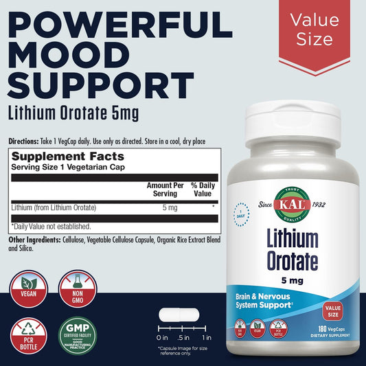 KAL Lithium Orotate 5mg, Low Dose Lithium Supplement for Brain, Nervou