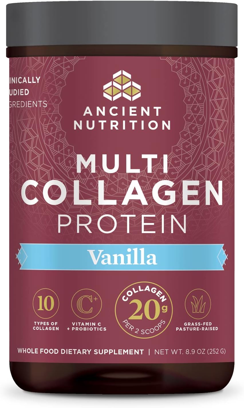 Ancient Nutrition Hydrolyzed Collagen Peptides Powder With Probiotics, Vanilla Multi Collagen Protein For Women And Men With Vitamin C, 24 Servings, Supports Skin And Nails, Gut Health, 8.9Oz