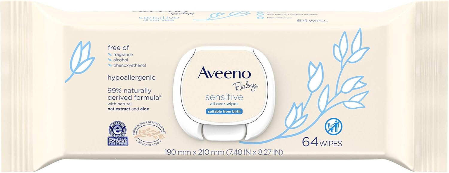 Aveeno Baby Calming Comfort Bath With Relaxing Lavender & Vanilla Scents, Hypoallergenic, 18 Fl Oz (Pack Of 1) With Sensitive All Over Wipes, 64 Ct (Pack Of 3)