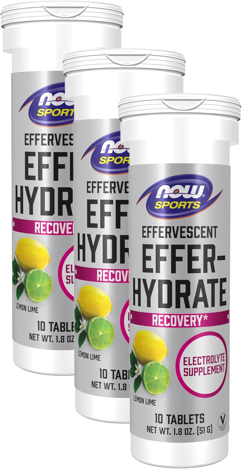 Now Sports Nutrition, Effervescent Effer-Hydrate, Electrolyte Supplement, Recovery*, Lemon Lime, 10 Tablets (Pack Of 3)